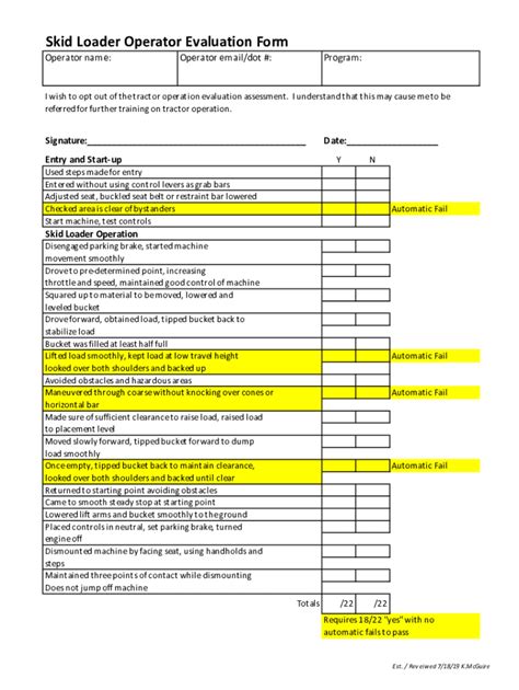 skid steer operator evaluation form|skid steer training free.